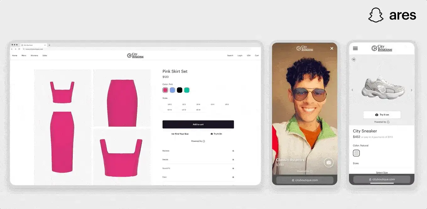 ARES feature overview — product detail page, AR try-on, and mobile commerce surfaces built on the shared token foundation