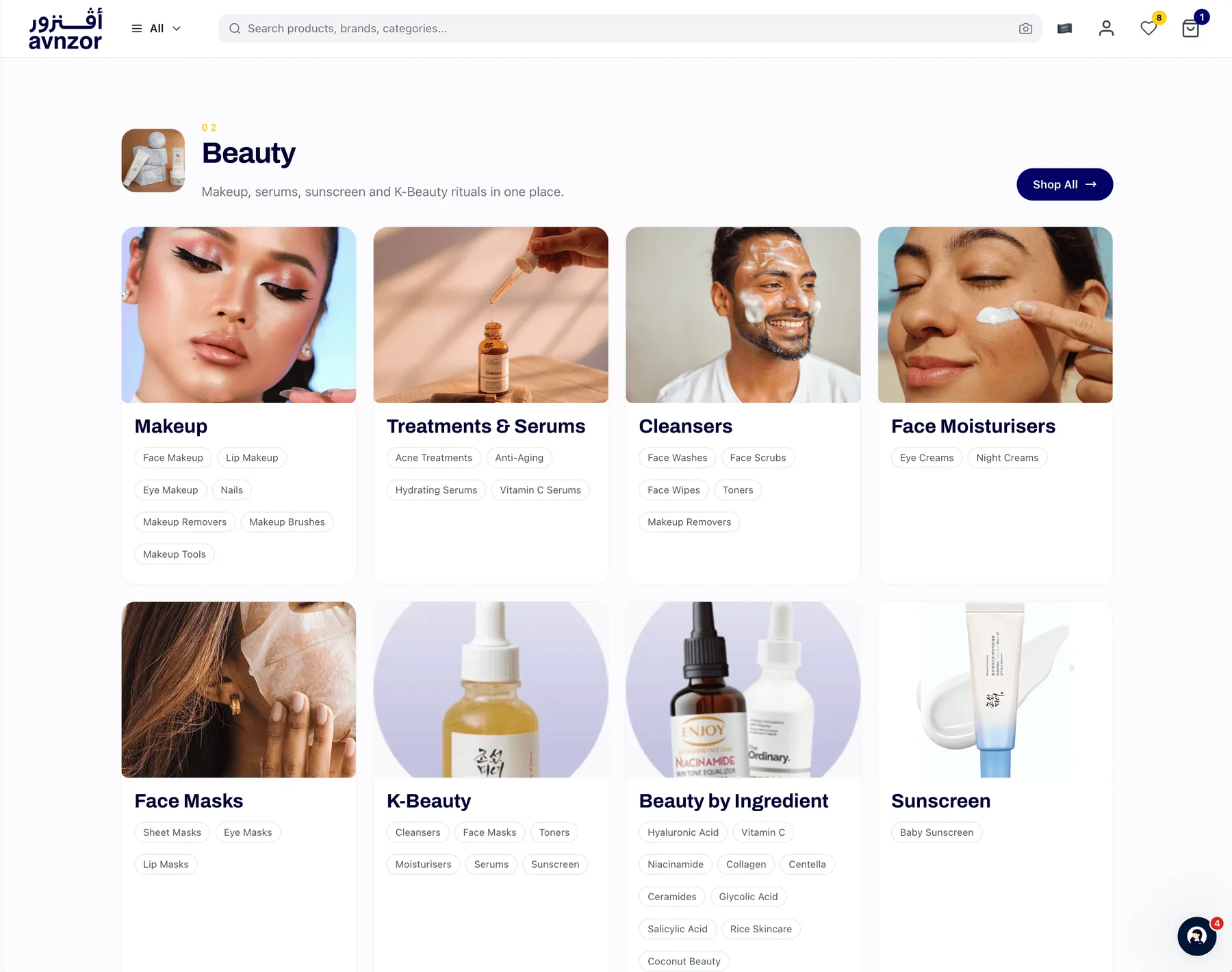 Avnzor catalog hub — the Beauty department broken into subcategory cards with their child categories listed inline