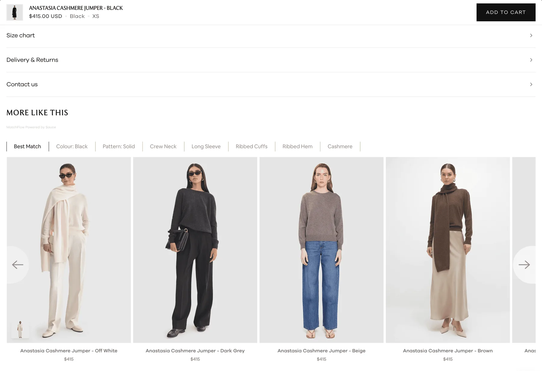 Attribute-filtered recommendations on a garment page
