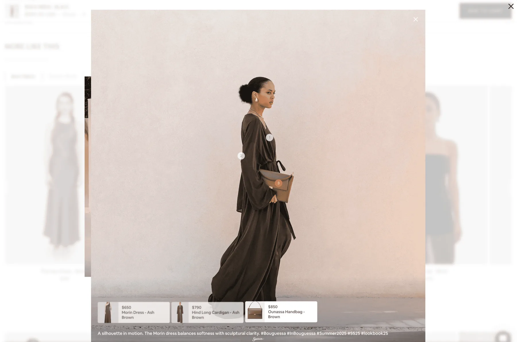 Shoppable lookbook frame — garments in the shot tagged with price