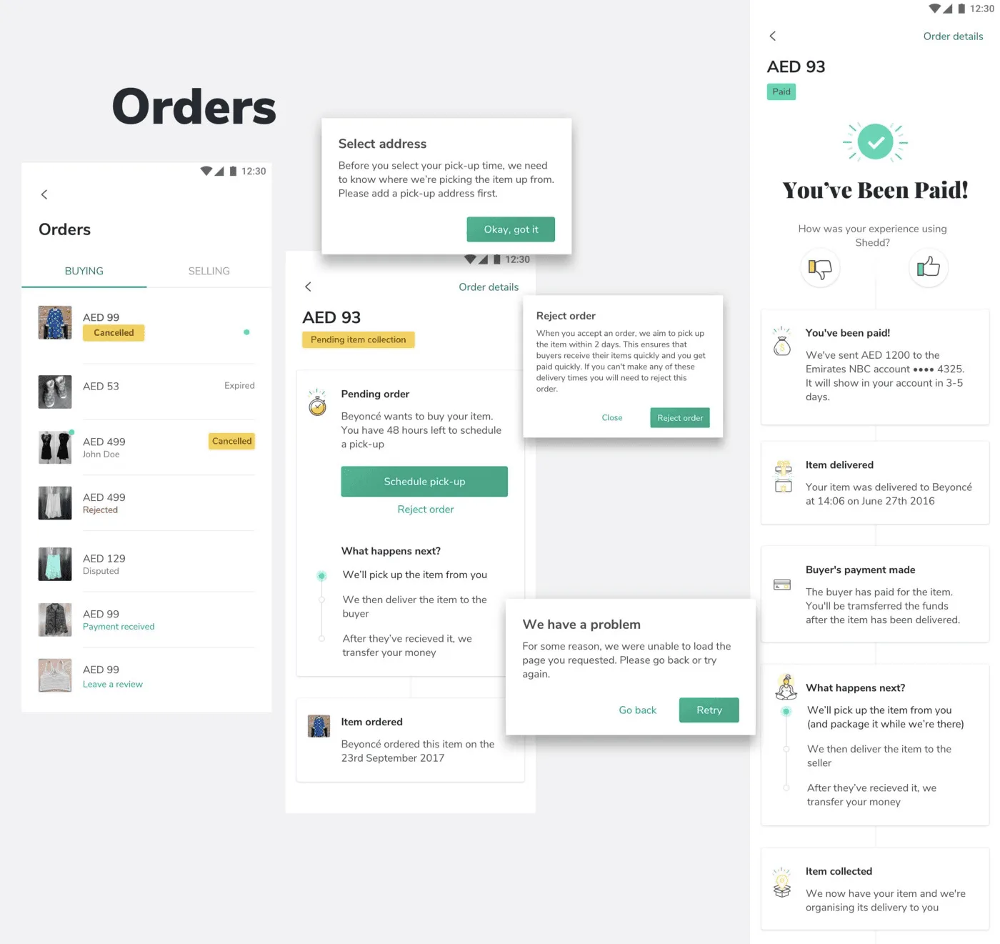 Order and payment flow — buying and selling states, pick-up scheduling, order rejection, and the seller's payment confirmation