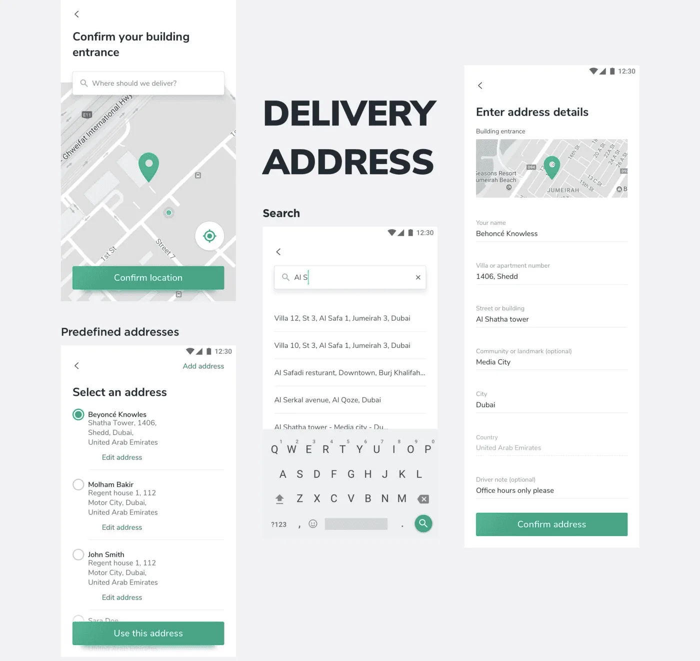 Delivery address flow — map-confirmed building entrance, saved addresses, search, and the full address form