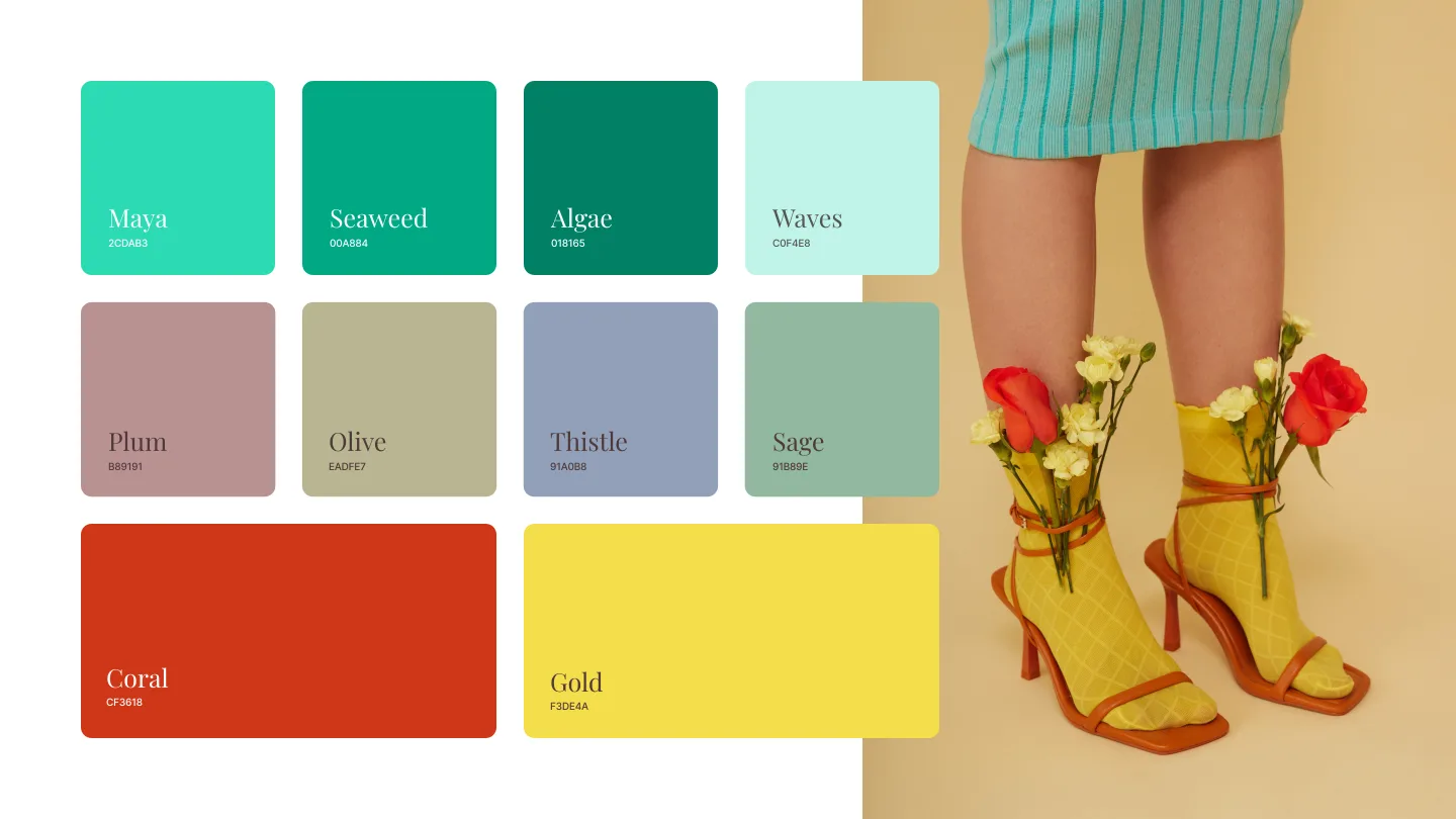 Shedd colour palette — ten named swatches with their hex values, set against the brand's campaign photography